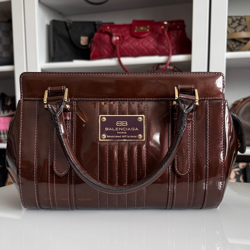 Balenciaga Monday Bowling Handbag Brown Patent Leather Satchel with COA